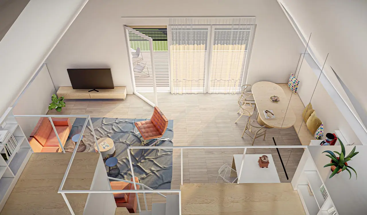 Visualisierung einer Wohnung von oben mit offenem Wohn- und Essbereich
