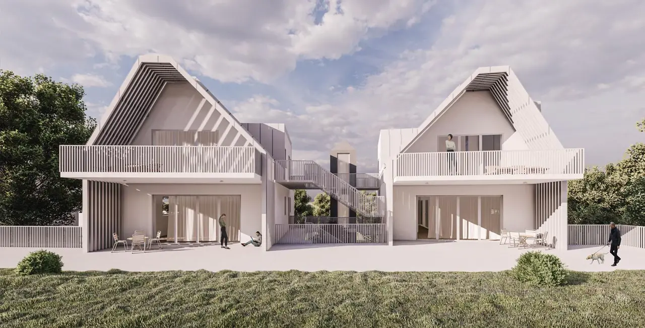 Visualisierung des Hofhauses: zwei Giebelhäuser mit Balkonen, Gartenseite