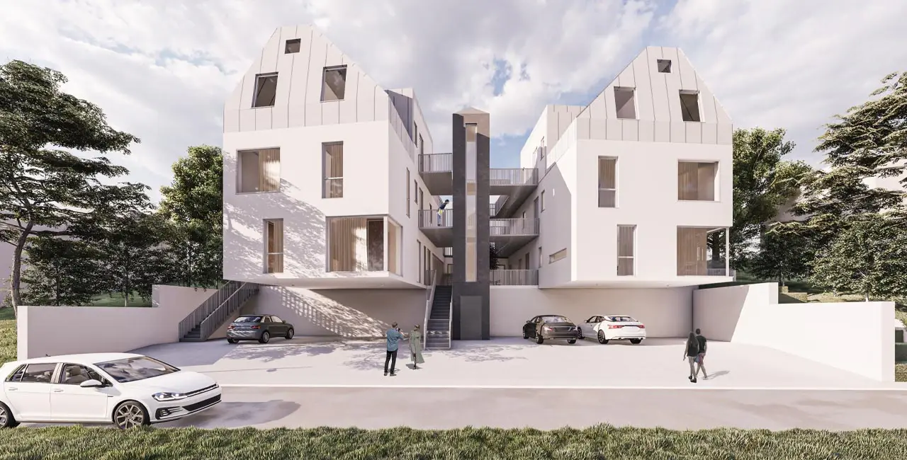 Visualisierung der Straßenseite mit Treppenhaus zwischen den Häusern