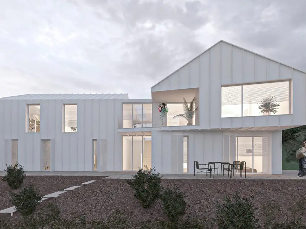 Visualisierung von Mi67: asymmetrisches Haus mit weißer Blechverkleidung