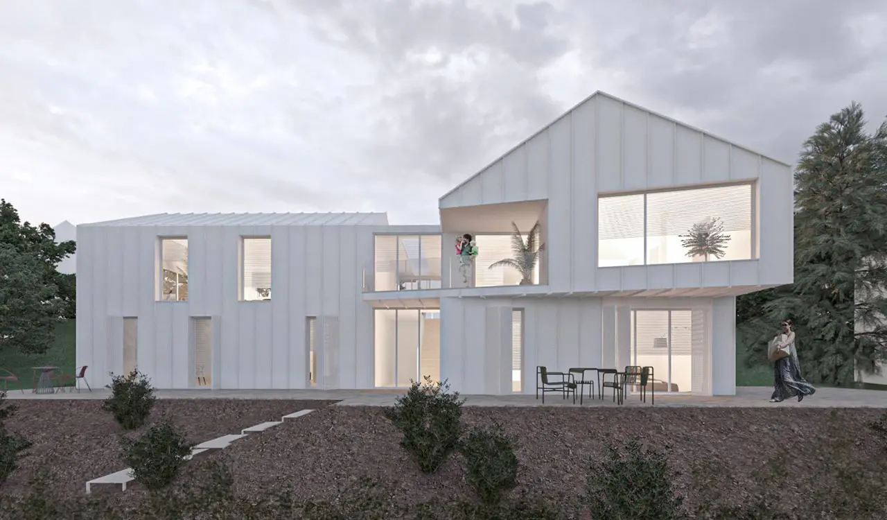 Visualisierung von Mi67: asymmetrisches Haus mit weißer Blechverkleidung