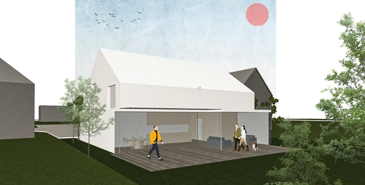 Visualisierung der Gartenseite mit überdachter Terrasse