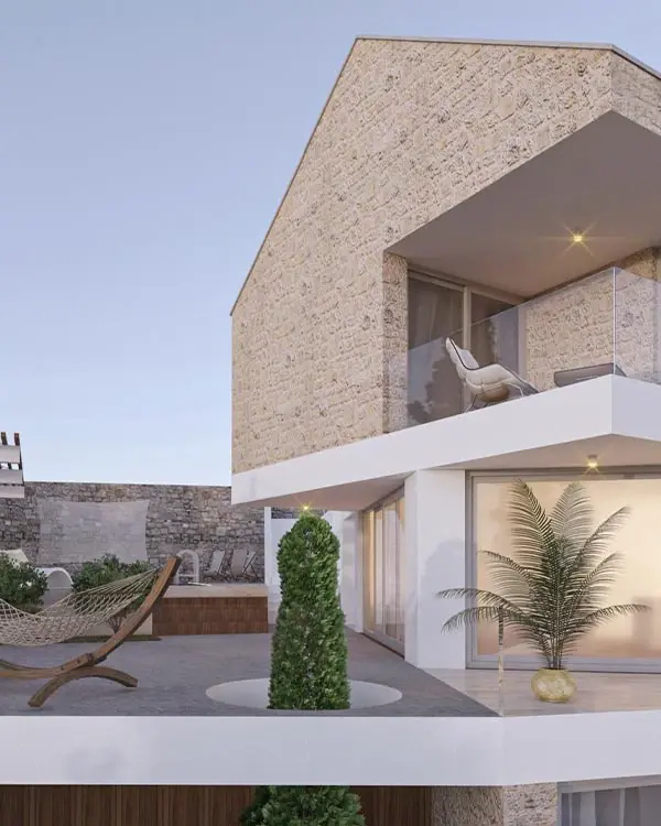 Visualisierung: Villa mit Natursteinfassade, Pool und Terrassen über dem Meer