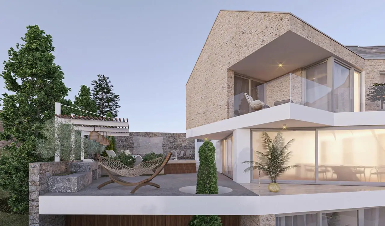 Visualisierung: Villa mit Natursteinfassade, Pool und Terrassen über dem Meer